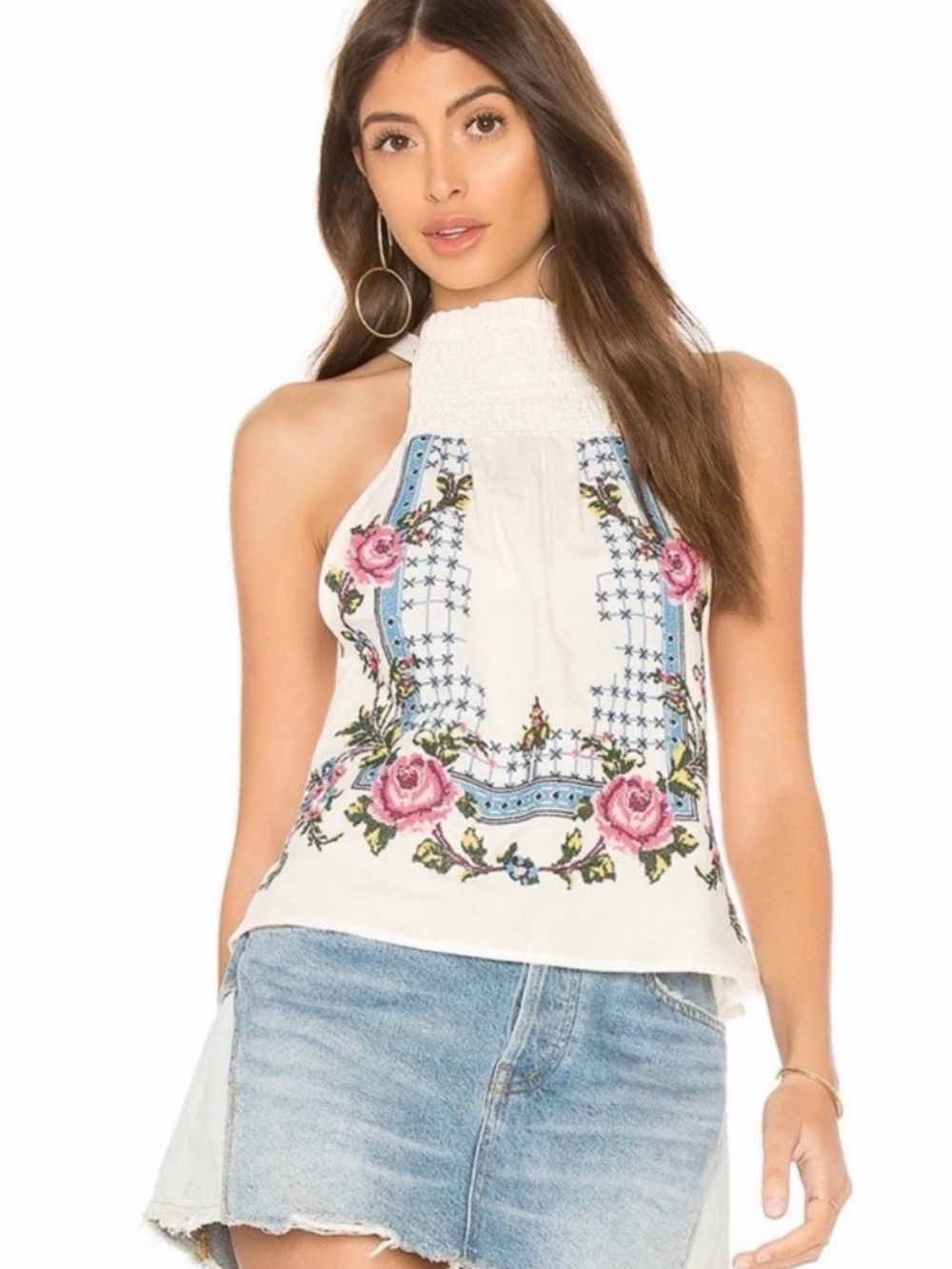 Free People White Halter Camisole with Pink Rose & Blue Embroidery